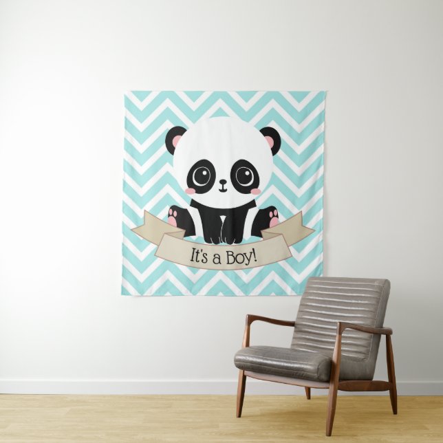 Adorable Baby Panda Blue Baby Shower Tapestry (In Situ)