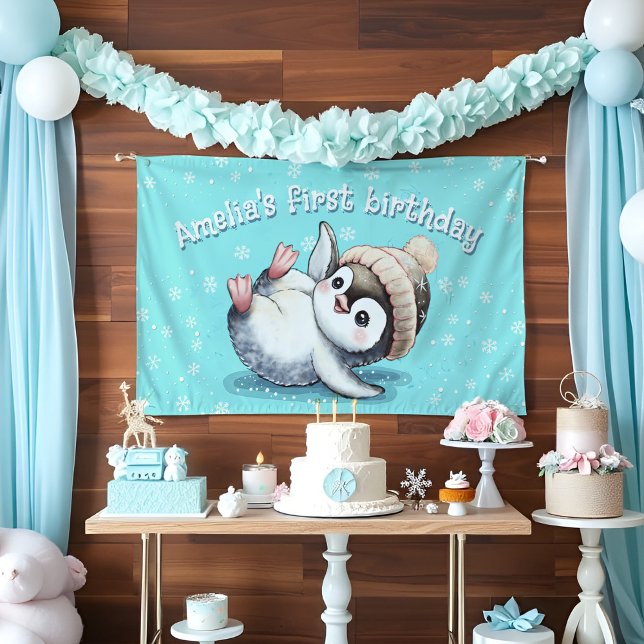 Adorable Baby Penguin Birthday Cute Watercolor Joy Banner (Baby Penguin themed party decor: Custom 1st birthday banner Winter wonderland snowflakes & aqua blue)