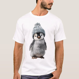 Adorable Baby Penguin Wearing Grey Knitted Beanie T-Shirt