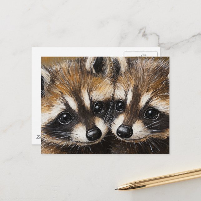 Adorable Baby Raccoons Painting Postcard (Front/Back In Situ)