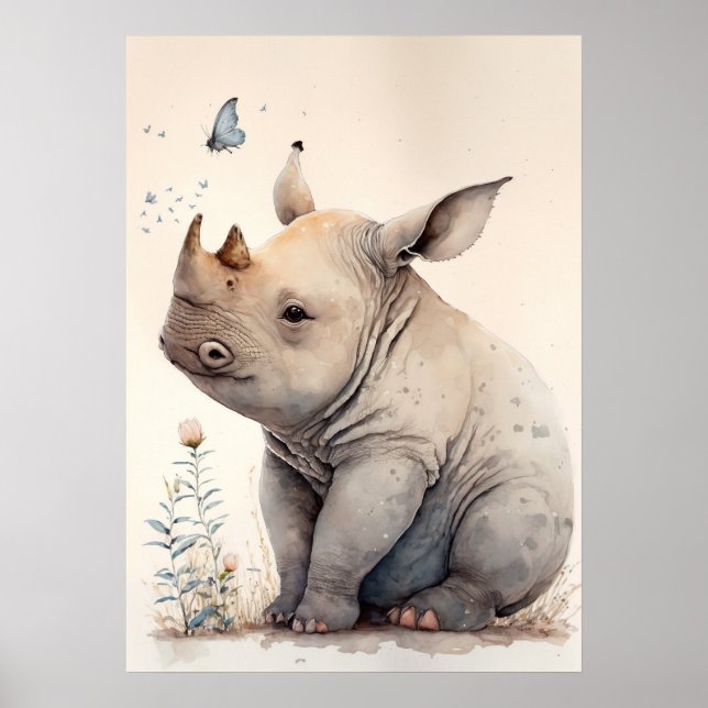 Adorable Baby Rhino Watercolor Nursery Poster  (Front)