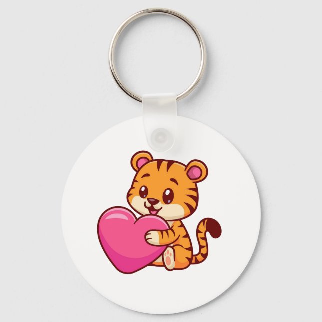 Adorable Baby Tiger Hugging a Heart Key Ring (Front)