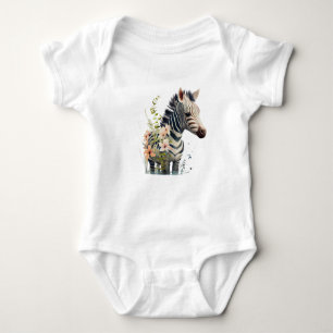 Adorable Baby Zebra with Flowers Baby Bodysuit