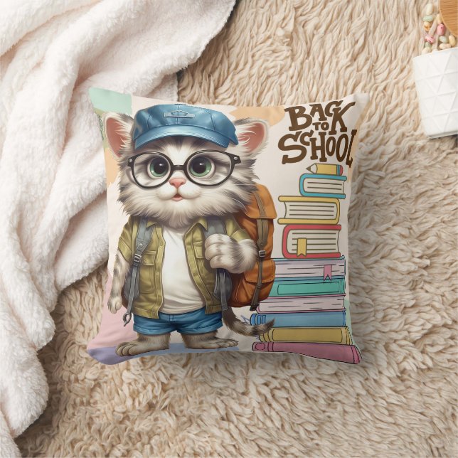 Adorable Back To School Cat Wearing Backpack Cushion (Blanket)