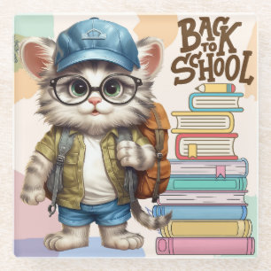 Adorable Back To School Cat Wearing Backpack Glass Coaster