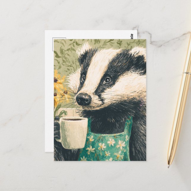 Adorable Badger With a Coffee Postcard (Front/Back In Situ)