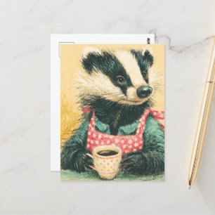 Adorable Badger With a Coffee Red Polka Dot Apron Postcard