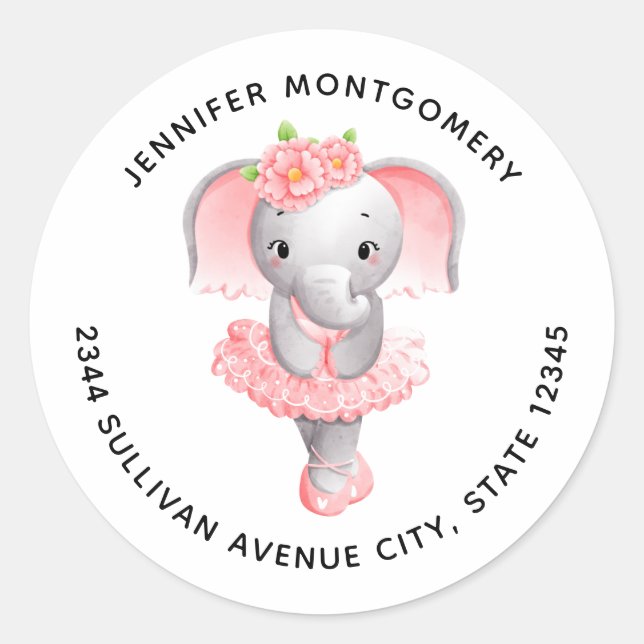 Adorable Ballerina Elephant En Pointe Address Classic Round Sticker (Front)