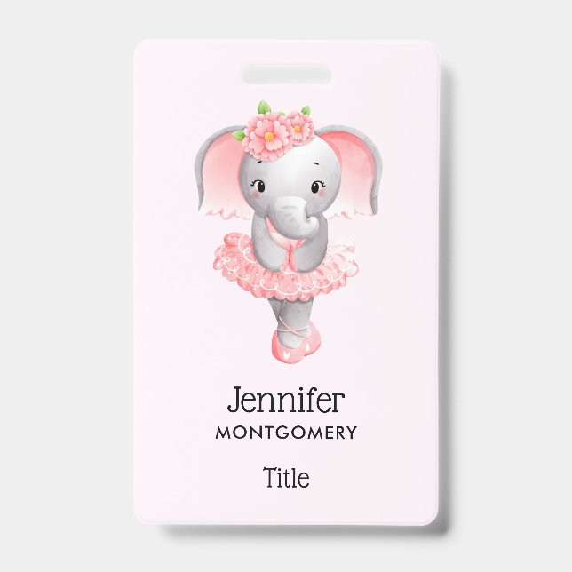 Adorable Ballerina Elephant En Pointe ID Badge (Front)