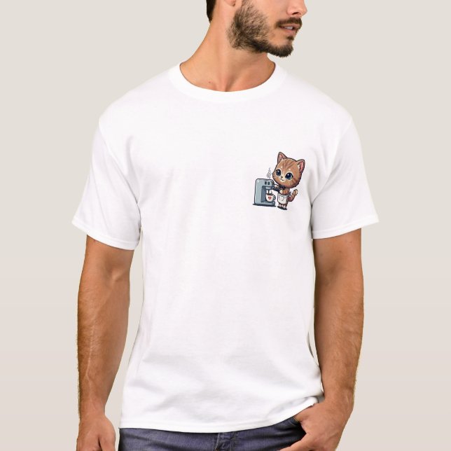 Adorable Barista Kitten Wearing Bowtie and Apron T-Shirt (Front)