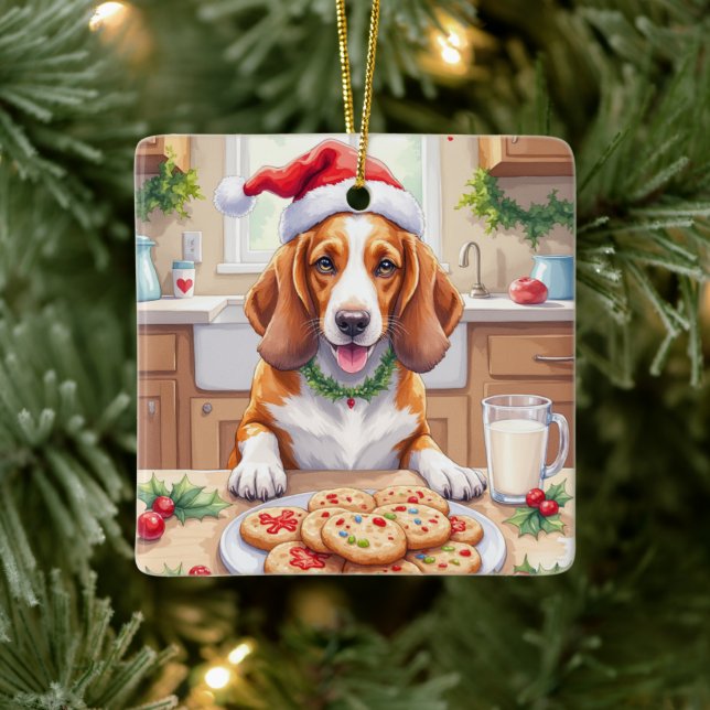 Adorable Basset Hound Sneaking Christmas Cookies Ceramic Ornament (Tree)