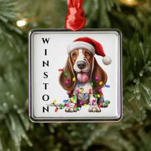 ADORABLE BASSETT HOUND DOG WITH CHRISTMAS LIGHTS METAL TREE DECORATION