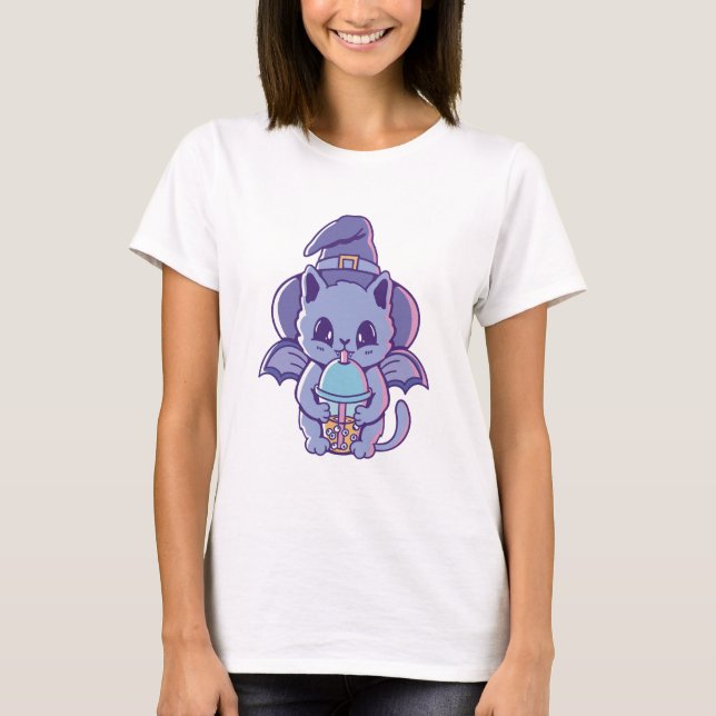 Adorable Bat Witch Cat T-Shirt (Front)