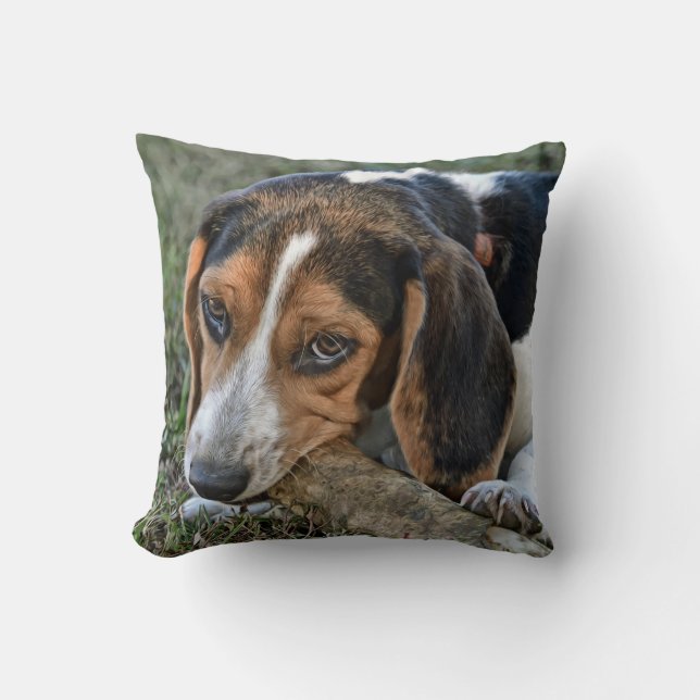 Adorable Beagle Chewing A Bone Cushion (Front)
