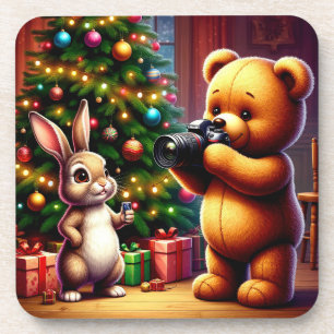 Adorable Bear and Rabbit Capturing Christmas Coaster