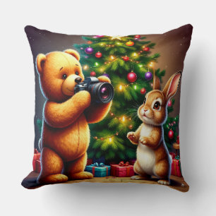 Adorable Bear and Rabbit Capturing Christmas Cushion