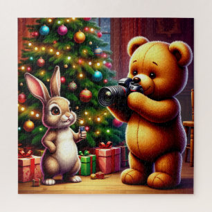 Adorable Bear and Rabbit Capturing Christmas Jigsaw Puzzle