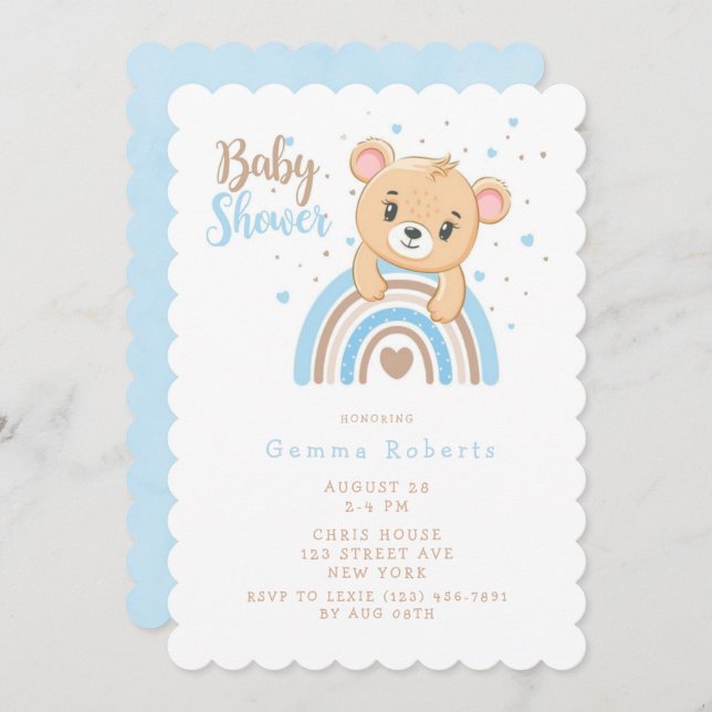 Adorable Bear Boho Rainbow Boy Baby Shower Invitation (Front/Back)