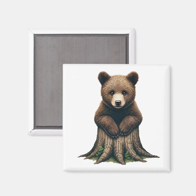 Adorable Bear Cub Sitting on Tree Stump Magnet (Front/Back)