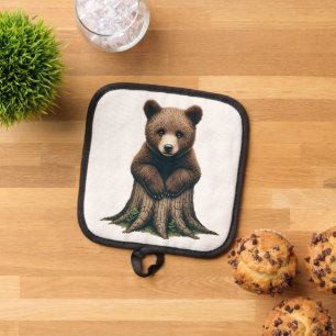 Adorable Bear Cub Sitting on Tree Stump  Pot Holder