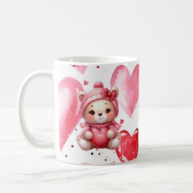 Adorable Bear Holding Hearts Valentines  Coffee Mug (Left)