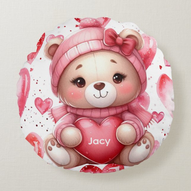 Adorable Bear Hugging Heart Personalised Name Round Cushion (Front)