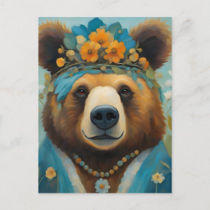 Adorable Bear in a Crown With Flowers Hippie Postcard