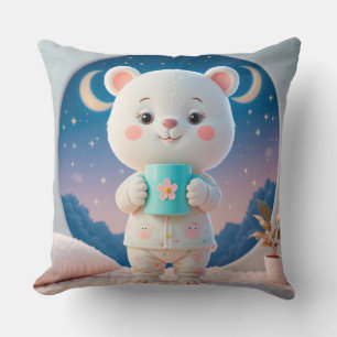 Adorable Bear in Pyjamas Holding a Mug Cushion