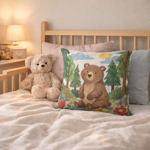 Adorable Bear In The Woods Drawing Kids Cushion