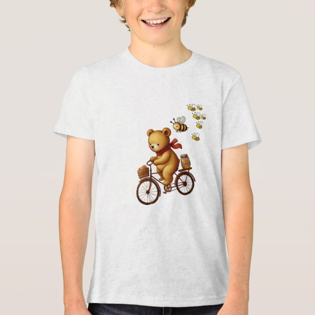 Adorable Bear Riding a Bicycle with Honey and Bee  Tri-Blend Shirt (Front)
