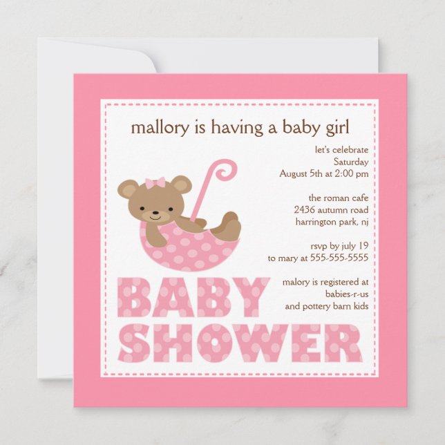 Adorable Bear Umbrella Baby Shower Invitation (Front)