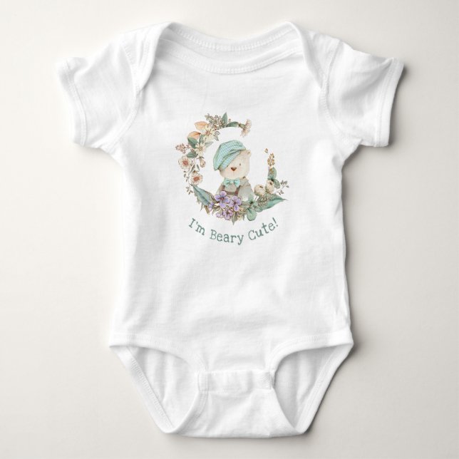 Adorable "BEARY CUTE" Illustration - Floral Wreath Baby Bodysuit (Front)