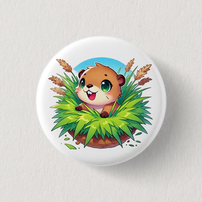 Adorable beaver peeks out from a burrow 3 cm round badge (Front)
