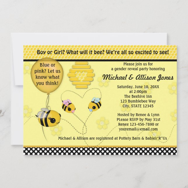 Adorable BEE Gender Reveal Baby Shower Invitation (Front)