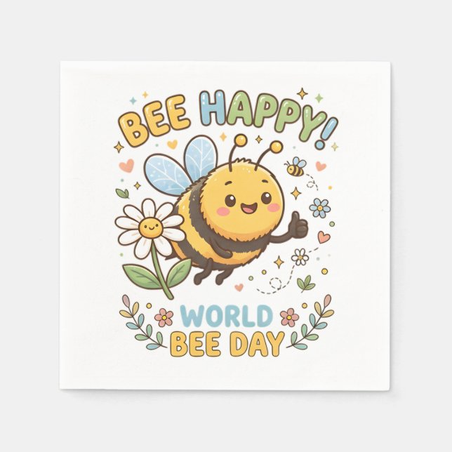 Adorable "Bee Happy!" Illustration for World Bee D Napkin (Front)