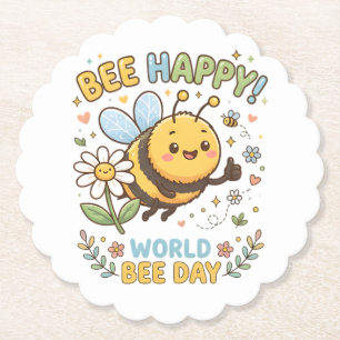 Adorable "Bee Happy!" Illustration for World Bee D Paper Coaster
