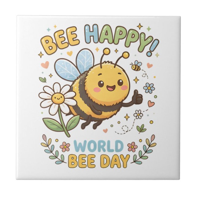 Adorable "Bee Happy!" Illustration for World Bee D Tile (Front)