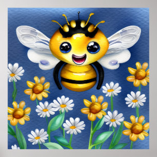 Adorable Bee in a Flower Garden Watercolor Poster