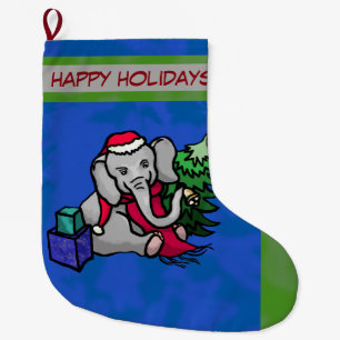 Adorable Bell-Ringing Cartoon Christmas Elephant Large Christmas Stocking