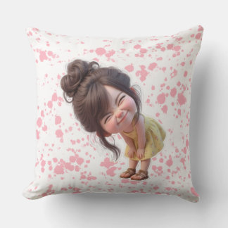 Adorable Bending Girl in Yellow Dress & Messy Bun Cushion