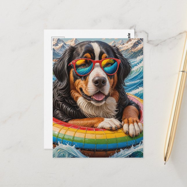 Adorable Bernese Mountain Dog enjoys Float Trip Postcard (Front/Back In Situ)