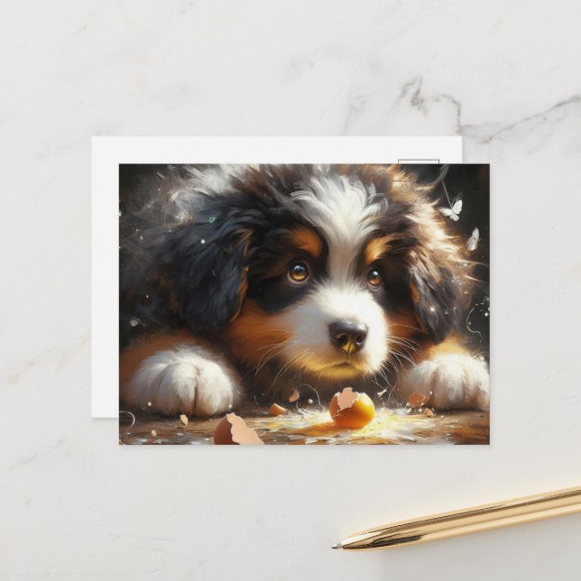 Adorable Bernese Mountain Dog Puppy Broken Egg Postcard (Front/Back In Situ)