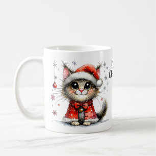 Adorable Big-eyed Cat in a Christmas Santa Hat Coffee Mug