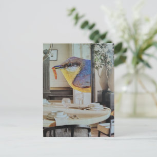 adorable bird in dining room surreal collage art postcard