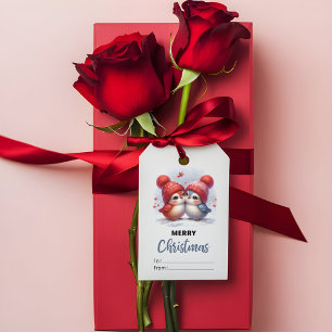 Adorable Bird Pair in Red Beanie Merry Christmas Gift Tags