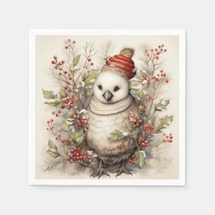 Adorable Bird Wearing Red Cap Holly Red Berries Napkin
