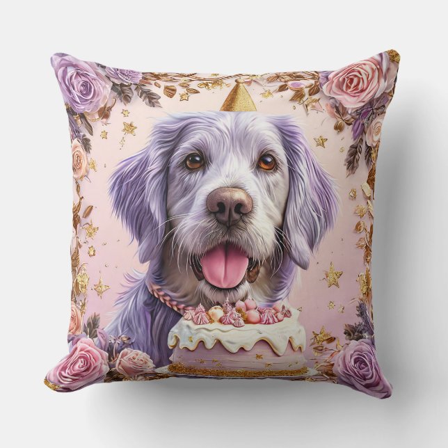 Adorable Birthday Dog with Cake Celebrating Cushion (Front)
