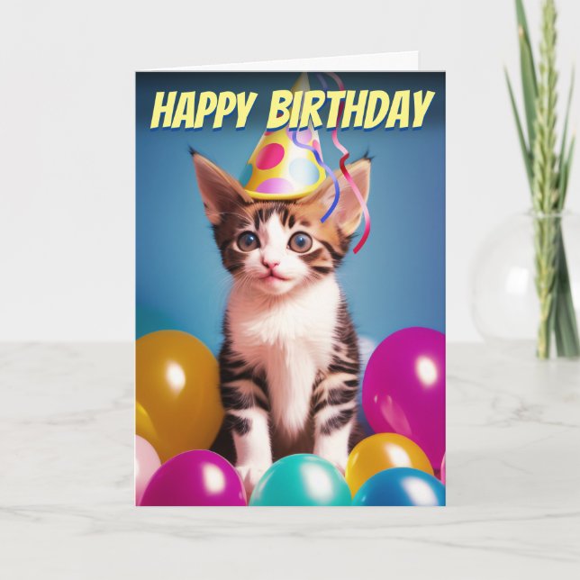 Adorable Birthday Kitten & Party Hat Birthday Card (Front)