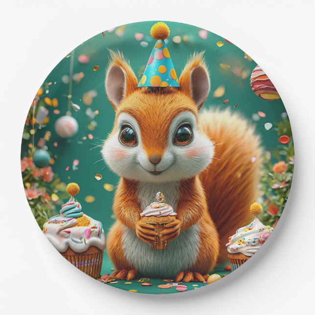 Adorable birthday Squirrel Paper Plate (Front)