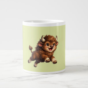 Adorable Bison Playfully Running with a Joyful  Large Coffee Mug